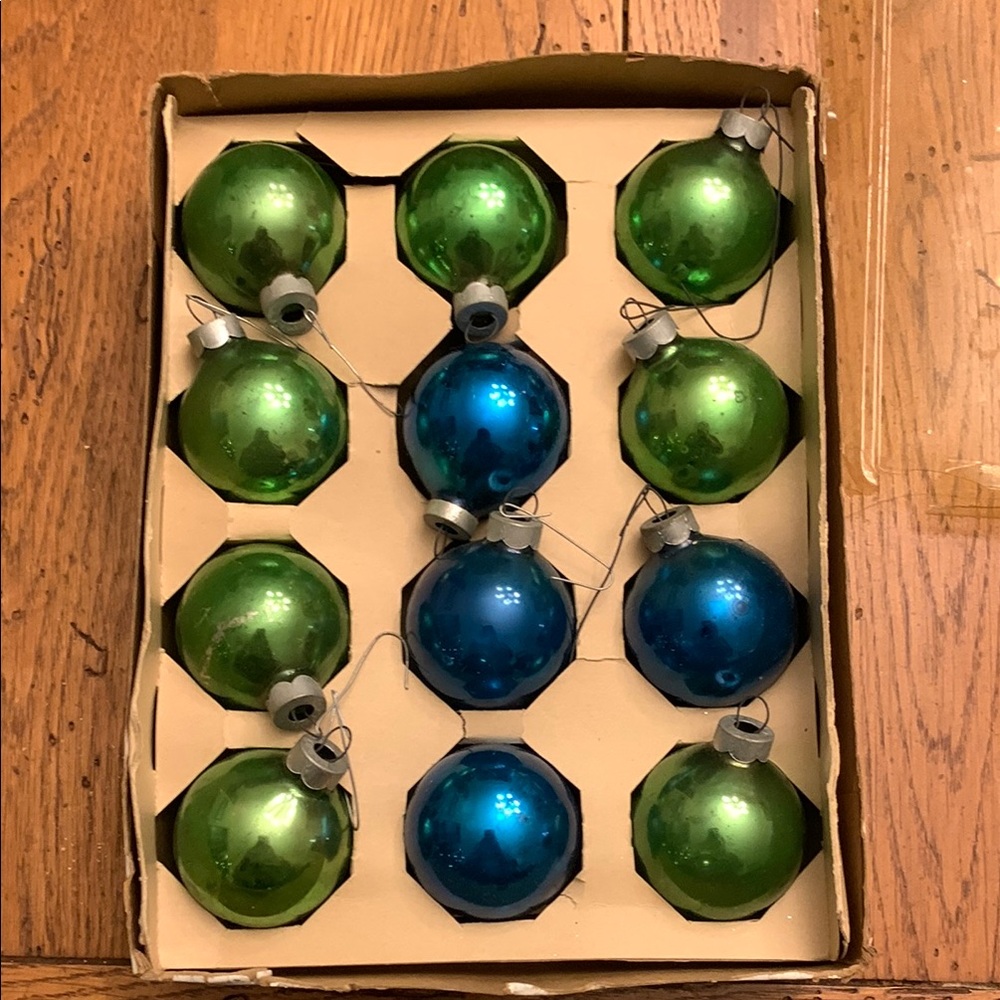 12 vintage Green and Blue Holiday glass Ornaments